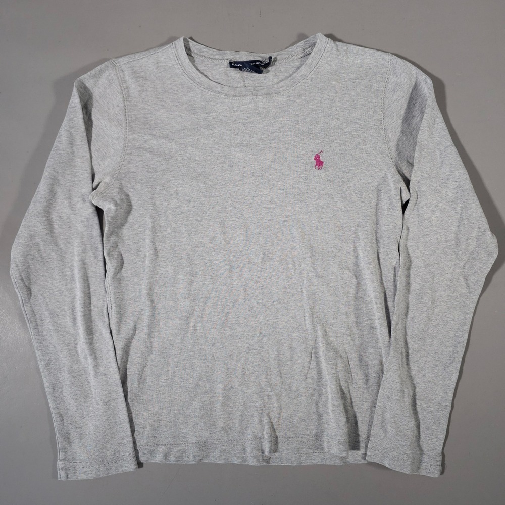 Ralph Lauren Sport Long Sleeve Tee Womens L Gray Pink Pony Logo Cotton Crewneck